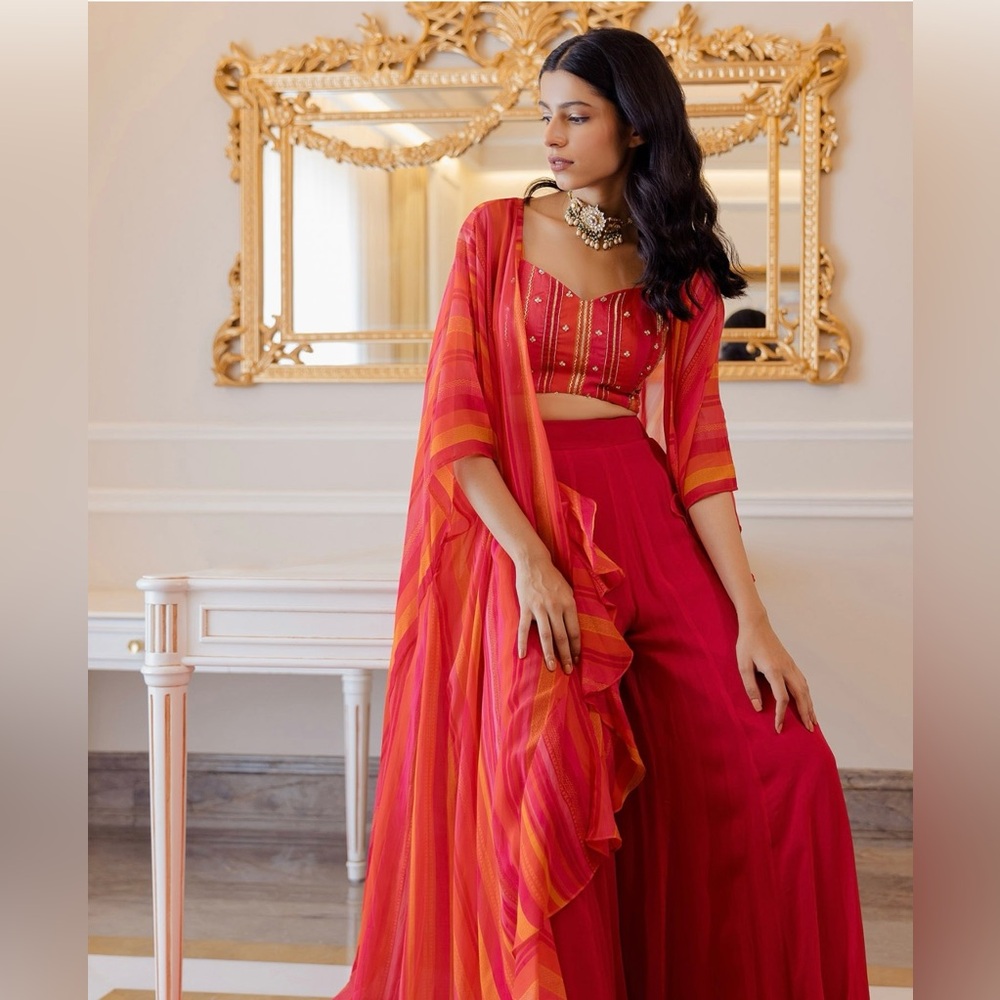 Crop top palazzo set with cape- Cherry red organza jacket set